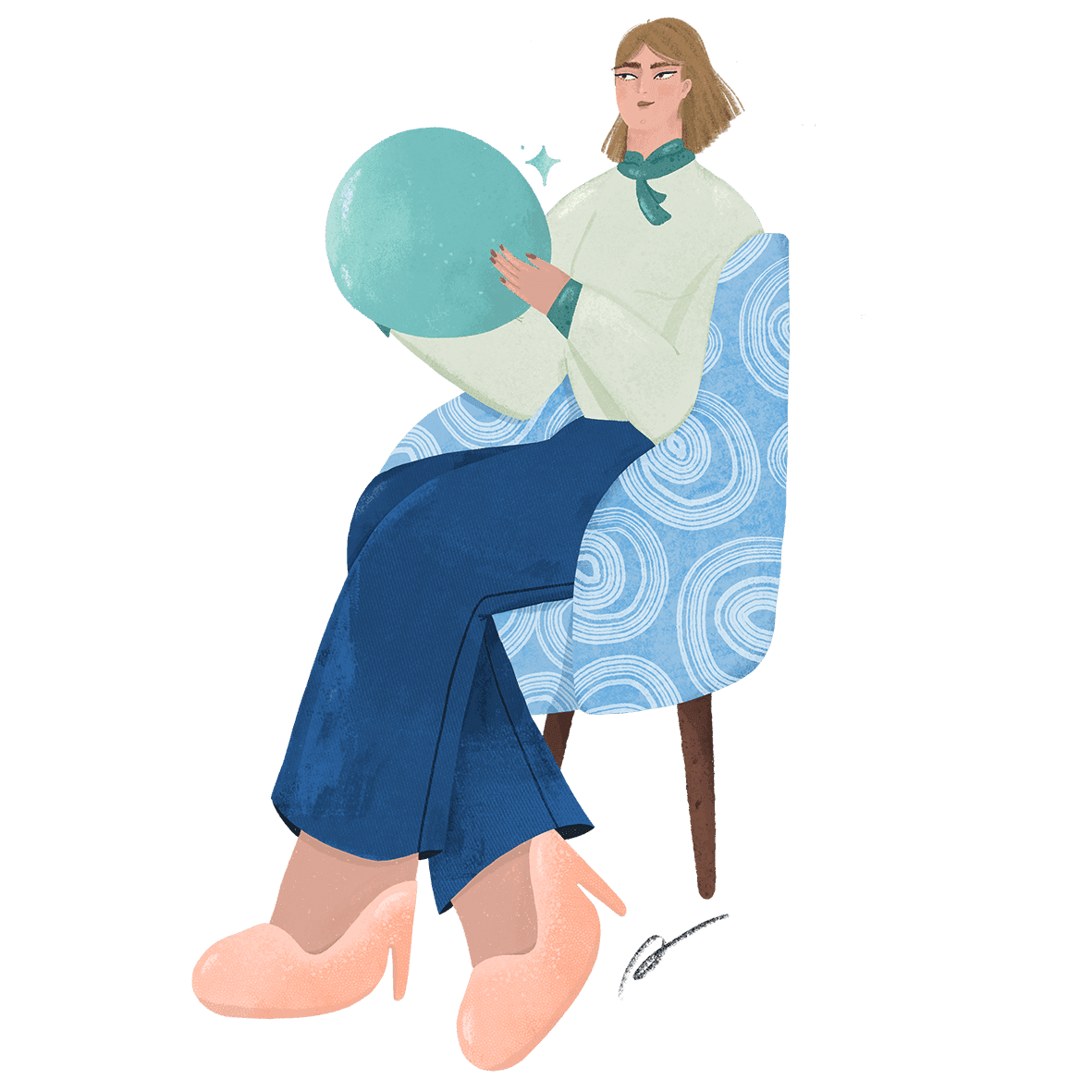 Illustration of a person seated in a comfortable chair holding a calming sphere, representing reflection, support and therapeutic care.