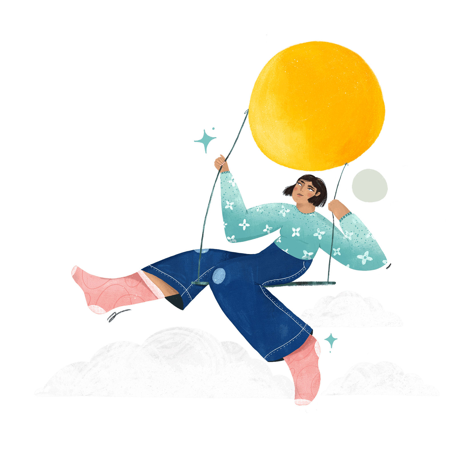 Illustration of a person sitting on a swing suspended from a bright sun, symbolising balance, hope and emotional support