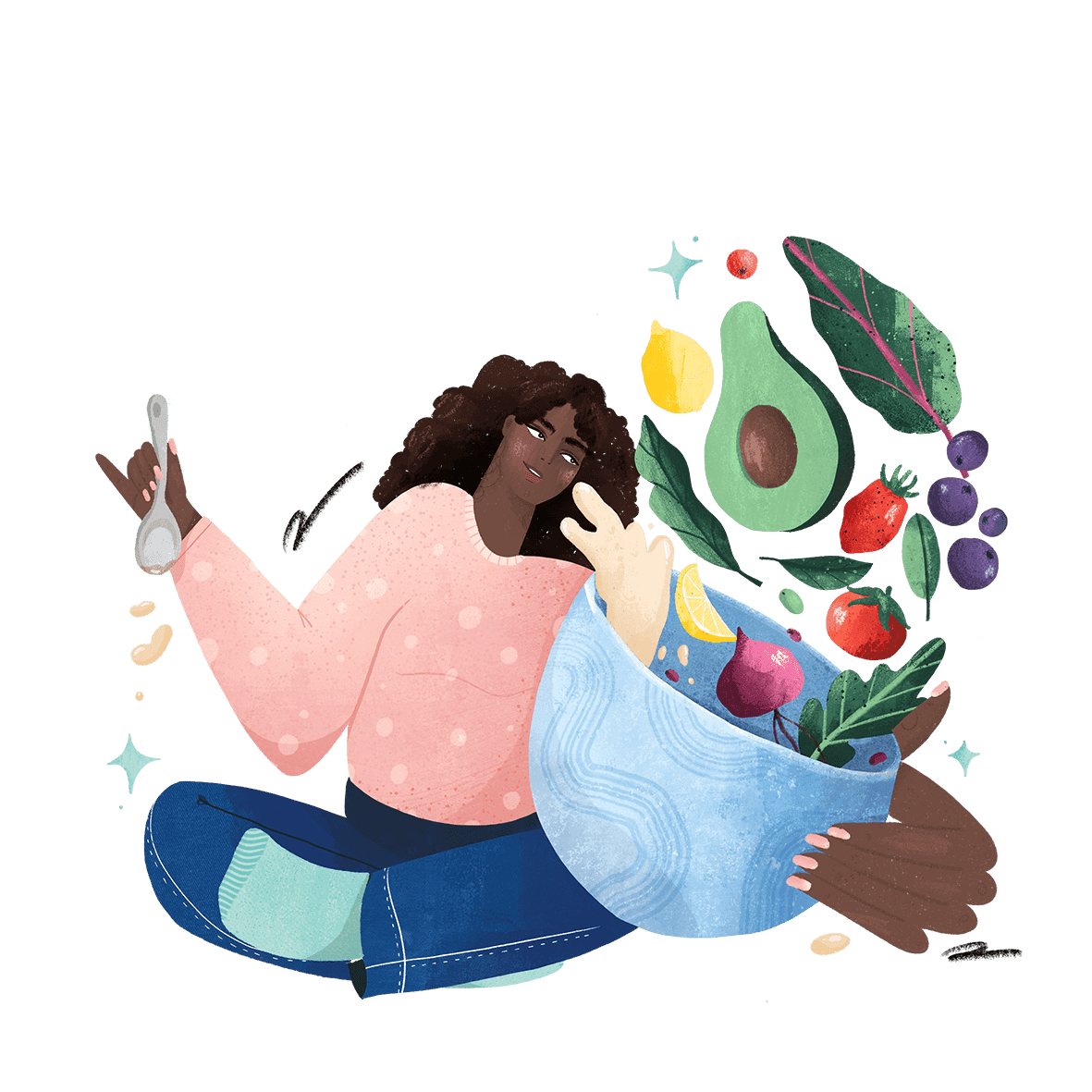 Illustration of a woman sitting cross-legged holding a large bowl of fresh fruit and vegetables, symbolising healthy eating and wellbeing.